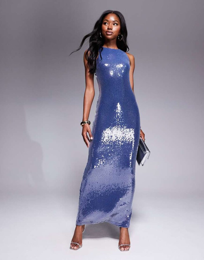 Rare London exclusive sequin racer neck maxi dress in dark blue
