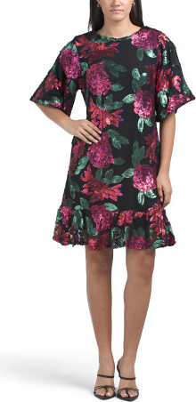 TJMAXX Elbow Sleeve Sequin Floral Mini Dress For Women, Polyester