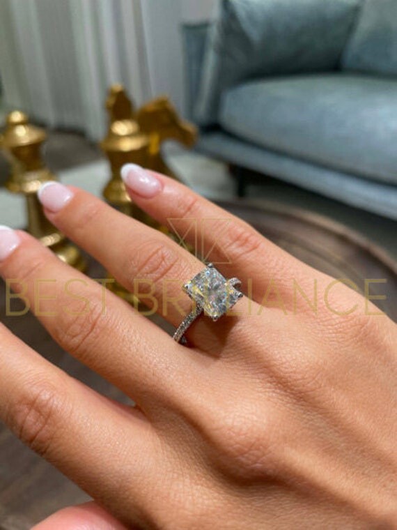 Etsy 4.2 Carat D Vvs1 Radiant Moissanite Natural Side Diamonds Engagement Ring 14K White Gold Shaped Moissanite Diamonds