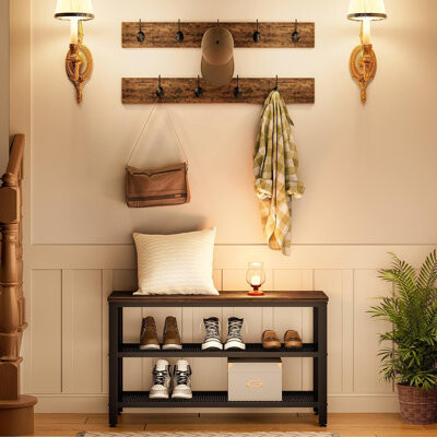 Hall Tree Entryway Storage Bench, Coat Rack Shoe Bench, Shoe Rack Organizer With Coat Hooks, 3-In-1 Design, Wooden Furniture With Metal Frame