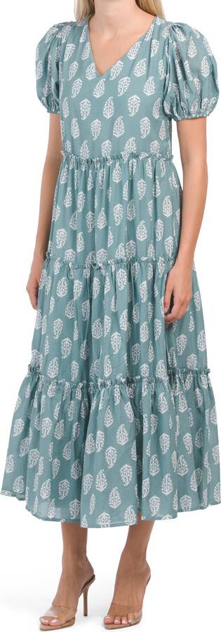 Lucky Brand Short Puff Sleeve V-neck Tiered Tie Back Maxi Dress