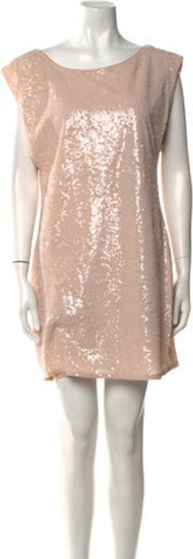 Sandra Mansour Bateau Neckline Mini Dress Sandra Mansour Shift Dress Pink Sequin Embellishments Short Sleeve with Bateau Neckline Concealed Zip Closure at Back