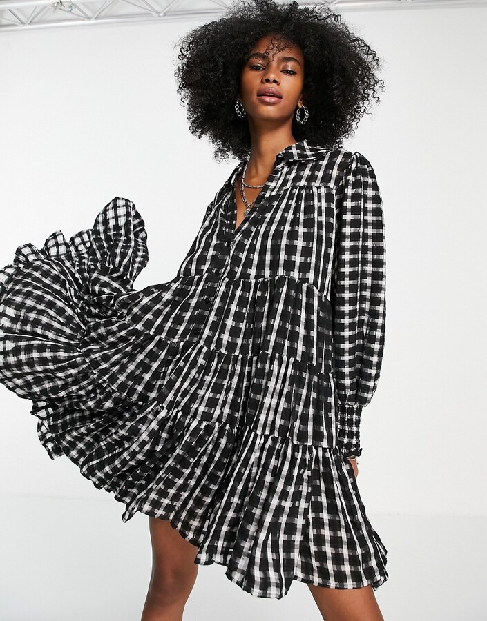 Topshop tiered chuck on check mini shirt dress in mono - ShopStyle