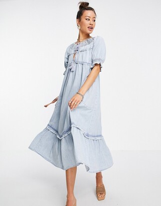 Free People one and only maxi smock dress with tassel tie in vintage wash denim