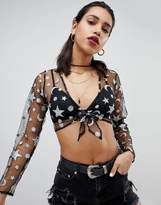 Thumbnail for your product : Motel Tie Front Crop Top In Metallic Star And Moon Mesh
