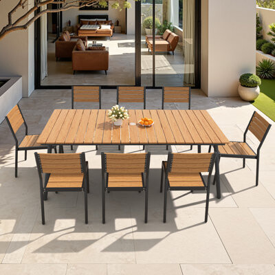 Hokku Designs 8-Person Aluminum Outdoor Dining Set With Umbrella Hole And Stackable Chairs
