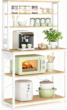 Ebern Designs Baker's Rack With Power Outlet Coffee Bar Microwave Stand Kitchen Storage Shelves 6 Hooks 6 Tier (Golden Oak And Cloud White)
