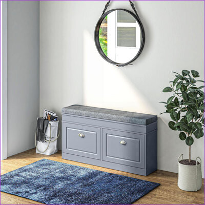Latitude Run Shoe Rack Bench Modern Entryway Storage with Cushion 2 Drawers Adjustable Shelf Holds 8 Pairs Slate Gray | Particle Board | Entryway