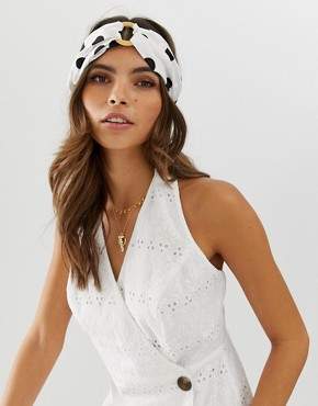 ASOS Design DESIGN headband with wooden circle detail in spot print in white