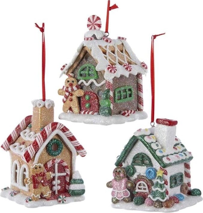 Kurt Adler D1477 Glitter Gingerbread House Decorative Holiday Christmas Tree Ornament Set with Candy Canes, Gumdrops, and Peppermint Swirls (3 Pack)