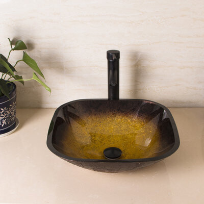 wonline Black/Golden Tempered Glass Square Vessel Bathroom Sink with Faucet