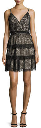 Alice + Olivia Olive Tiered Lace Mini Dress, Black/Brown