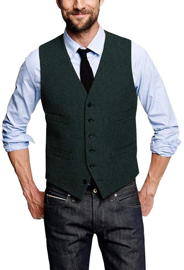 Mens Classic Tweed Suit Vest Herringbone Slim Fit Waistcoat for Wedding Groomsmen