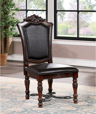 Luxury Dining Room Side Chairs, 2pcs, Brown Cherry Solid Wood, Faux Wood Decor, Black Support Pad Chairs Of 2, Cherry, Carvings, Seat Covers,