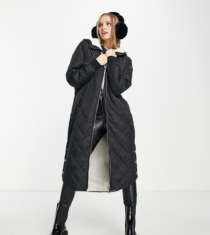 Only Petite quilted longline coat with teddy hood in black ShopStyle