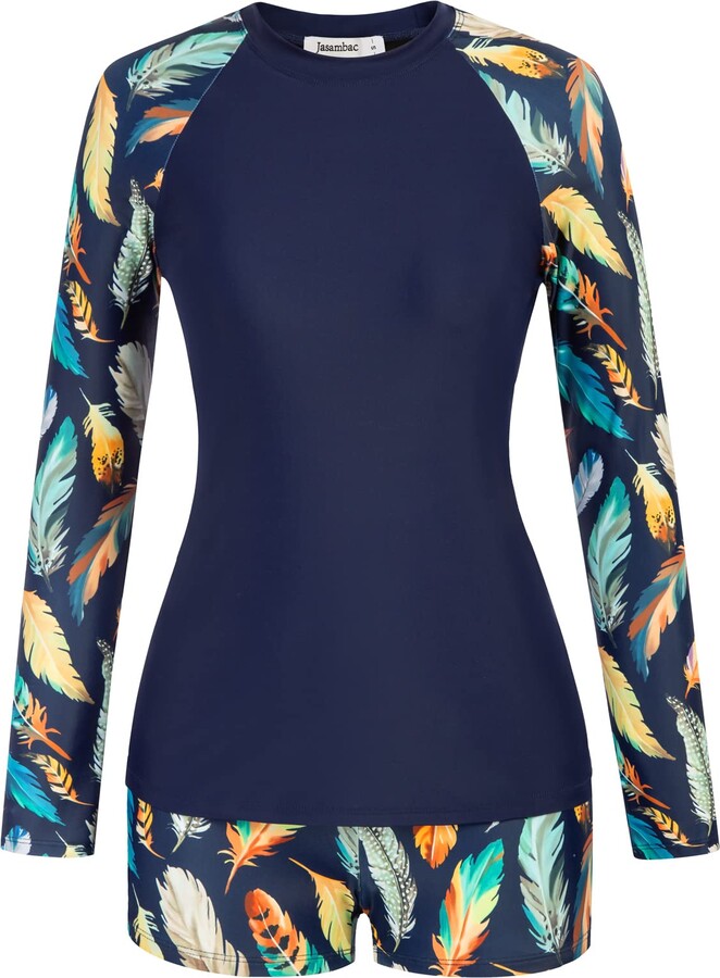 JASAMBAC Women Long Sleeve Swimsuit UV Sun Protection Rash Guard Two