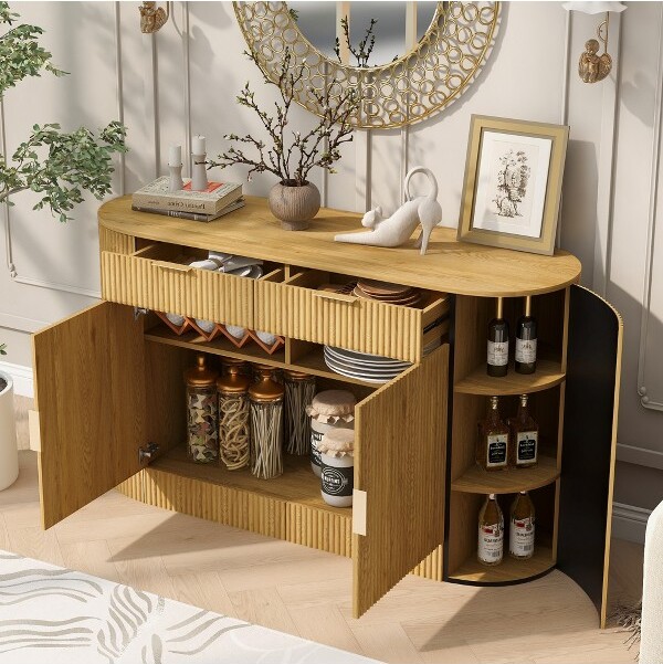 TIRAMISUBESTStorageCabinetwithOvalTabletop2-DoorKitchenBuffetSideboardTablewith2Drawers&ACurvedSideDoor