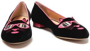 Charlotte Olympia Leather-Trimmed Embroidered Velvet Ballet Flats