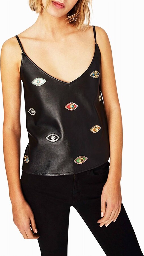 Nicole Miller Evil Eye Embellishment V Neck Tank Top In Black Embellished Evil Eye