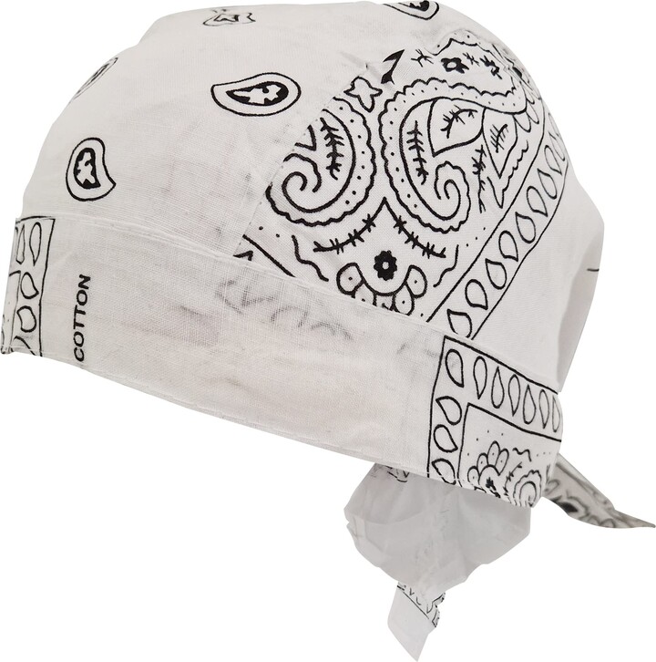 Komonee White Paisley Zandana Tie Bandana Style Fitted Skull Cap