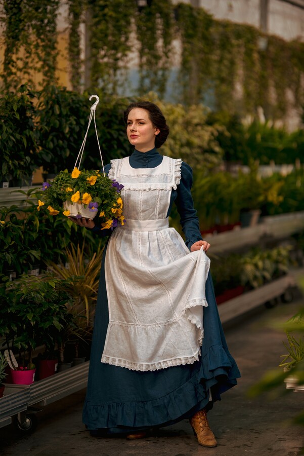 Pinafore "Edith" Victorian Apron, Linen Edwardian