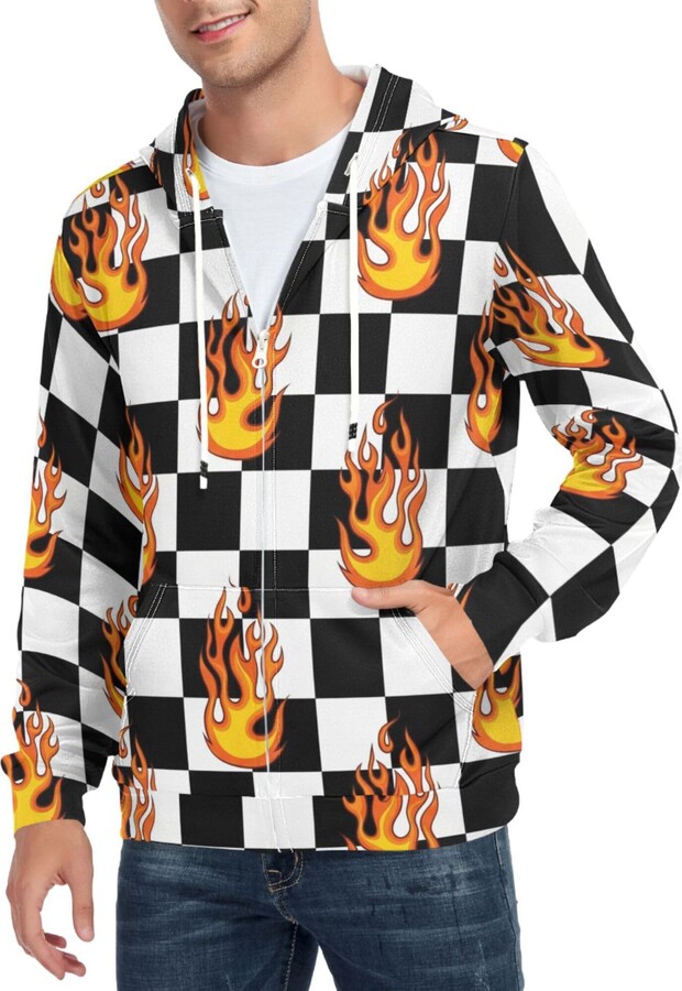 CUPADA Mens Fashion Hoodies Flame Checkerboard Pattern Full Zip Hoodie with Pocket Casual Sweatshirt Comfortable Fit