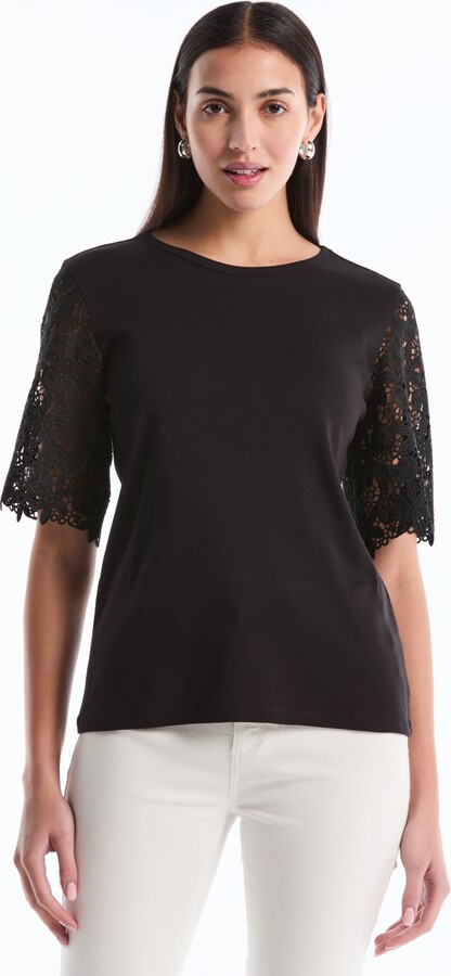 Rafaella Petite Draped Lace Crew Neck Top