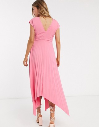 ASOS DESIGN Maternity v back midi dress with pleated asymmetric skirt in pink