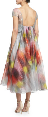 Lela Rose Watercolor Short-Sleeve Backless Dress, Multi Colors