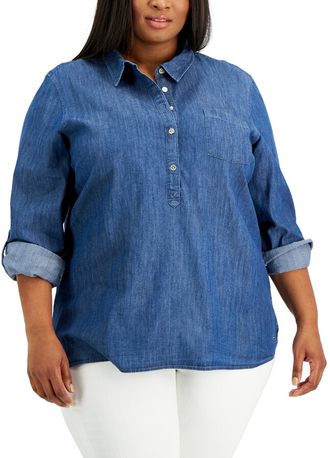 Tommy Hilfiger Plus Size Chambray Popover Top - ShopStyle