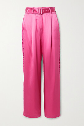 Fleur Du Mal Belted Lace-trimmed Silk-satin Wide-leg Pants