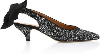 Ganni Bow-Detailed Glittered Leather Slingback Pumps