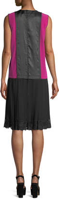 Marc Jacobs Jewel-Neck Sleeveless Pleated Mixed-Media Silk Dress w/ Lace Hem