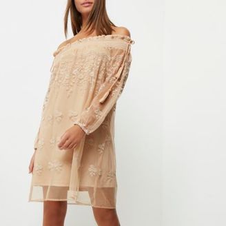 River Island Womens Nude floral embroidered smock swing dress