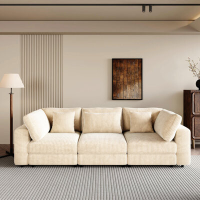 Latitude Run 3 Seater 5 Pillows & Removable Back Cushions. Corduroy Textured , Construction, Spacious For Living Room, Apartment. Simple Assembly Home Easy
