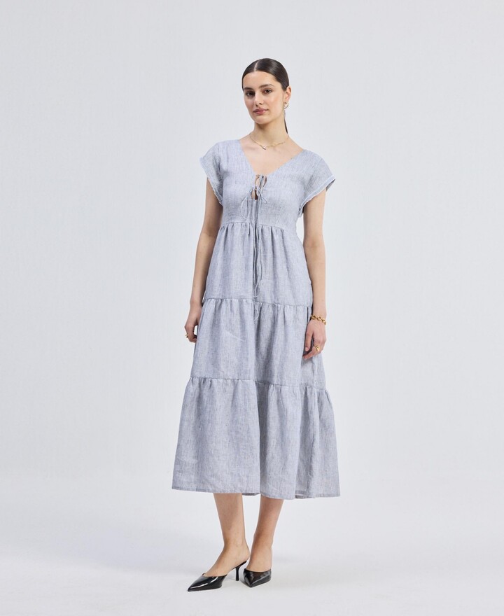 Reistor Women's Gathered Tiered Dress with Front-ties - Linen stripes