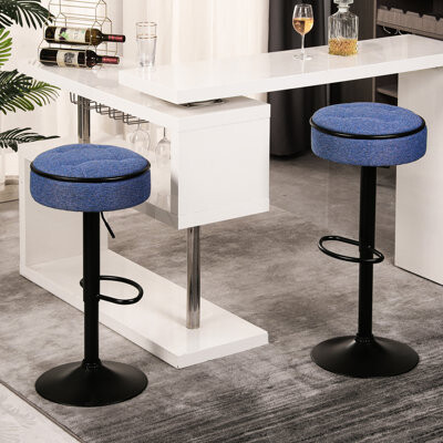 2pcs Blue Linen Height-adjustable Bar Stools - 360° Swivel And Hidden Storage Adjustable Height Stool Of 2 For Utility Room