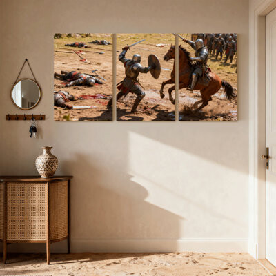 Winston Porter Mid-Century Medieval Battle Knights Combat Horse Armor Set of 3 Canvas Wall Art Prints