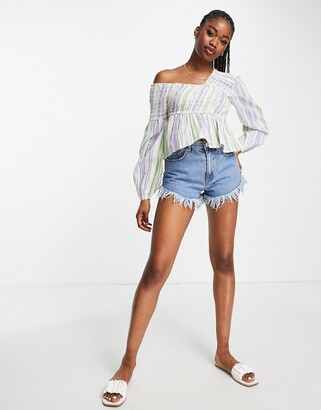 Women's Grey Horizontal Striped Off Shoulder Top, White Ripped