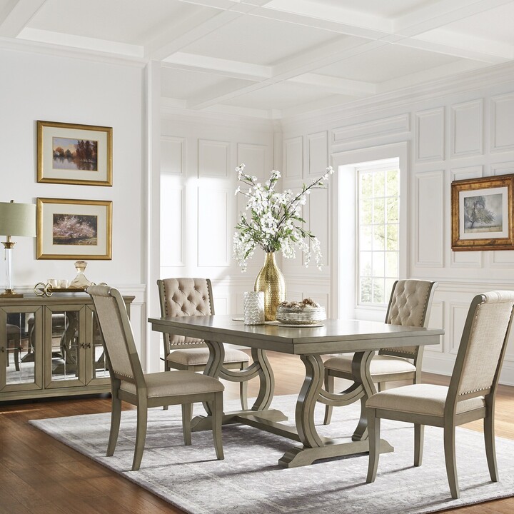 The Gray Barn Camilla Trestle Base Dining Table with Cream Tufted