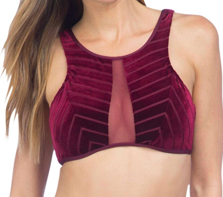Stripe Mesh High Neck Bikini Top In Burgundy Velvet