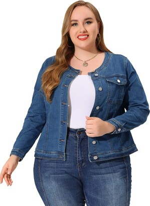 Agnes Orinda Women's Plus Size Long Sleeves Collarless Denim Jacket Light  Blue XXL - ShopStyle