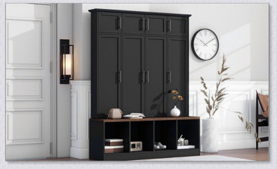 Versatile Hall Tree with 4 Hanging Hooks, Wood Grain Bench, and Multiple Storage Compartments for Entryway Organization