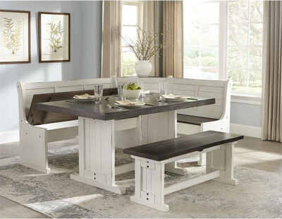 Canora Grey Farmhouse Wood Kitchen Corner Breakfast Dining Nook Set with Hidden Storage in Off White Dark Brown