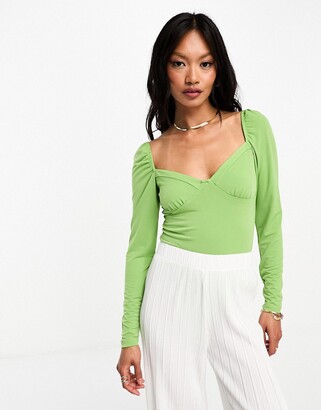 Glamorous long sleeve sweetheart neck bodysuit in green - ShopStyle Tops