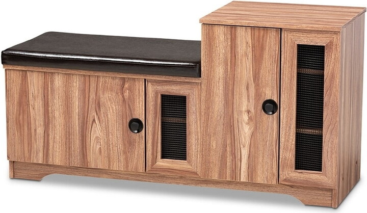 Contemporary Dark Brown Faux Leather Upholstered 2-Door Wood Shoe Storage Bench with Cabinet