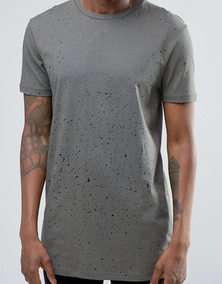 ASOS Longline T-Shirt With Splatter Print In Khaki