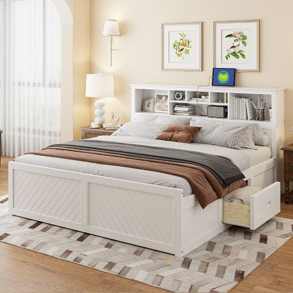 TIRAMISUBESTKingSizePlatformBedwithBookcaseHeadboardWoodBedFramewithChargingStationand2Drawers