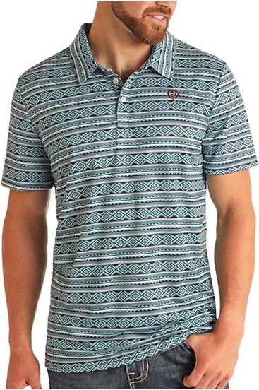 Men's Rock & Roll Denim Aztec Print Polo XLarge Teal