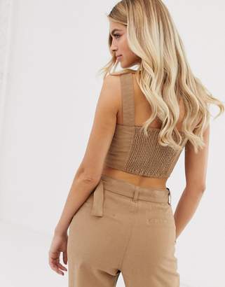 Miss Selfridge cami crop top with buckle straps in camel